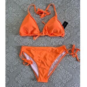 Tempt Me Neon Orange Triangle Bikini Set Side Tie Swimsuit NWT Size L